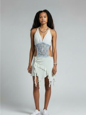 Light Blue Crochet Waist Halter Dress Top